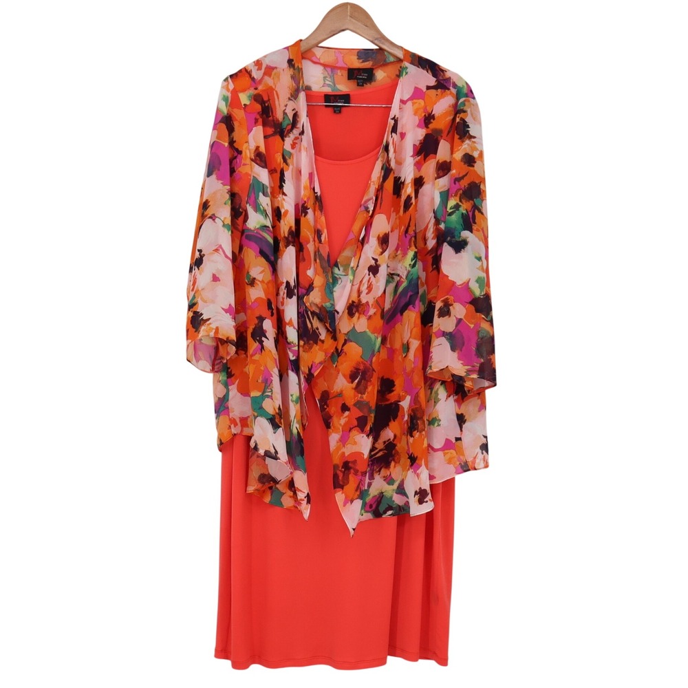 JM Studio Dress Set Womens 2X Sheath Dress Floral Sheer Cardigan Coral Excellent